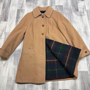 ✅Womens M VTG Penguin/M. Liman Long Tan Wool Overcoat Plaid Lined Button Closure